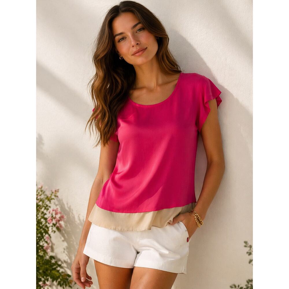 Trina Turk 100% Silk Blouse Pink Ruffle Sleeve Colorblock Hem